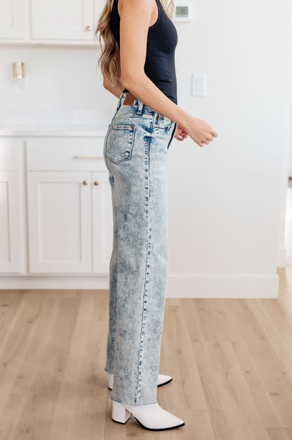 JUDY BLUE Mineral Wash Raw Hem Wide Leg Jeans