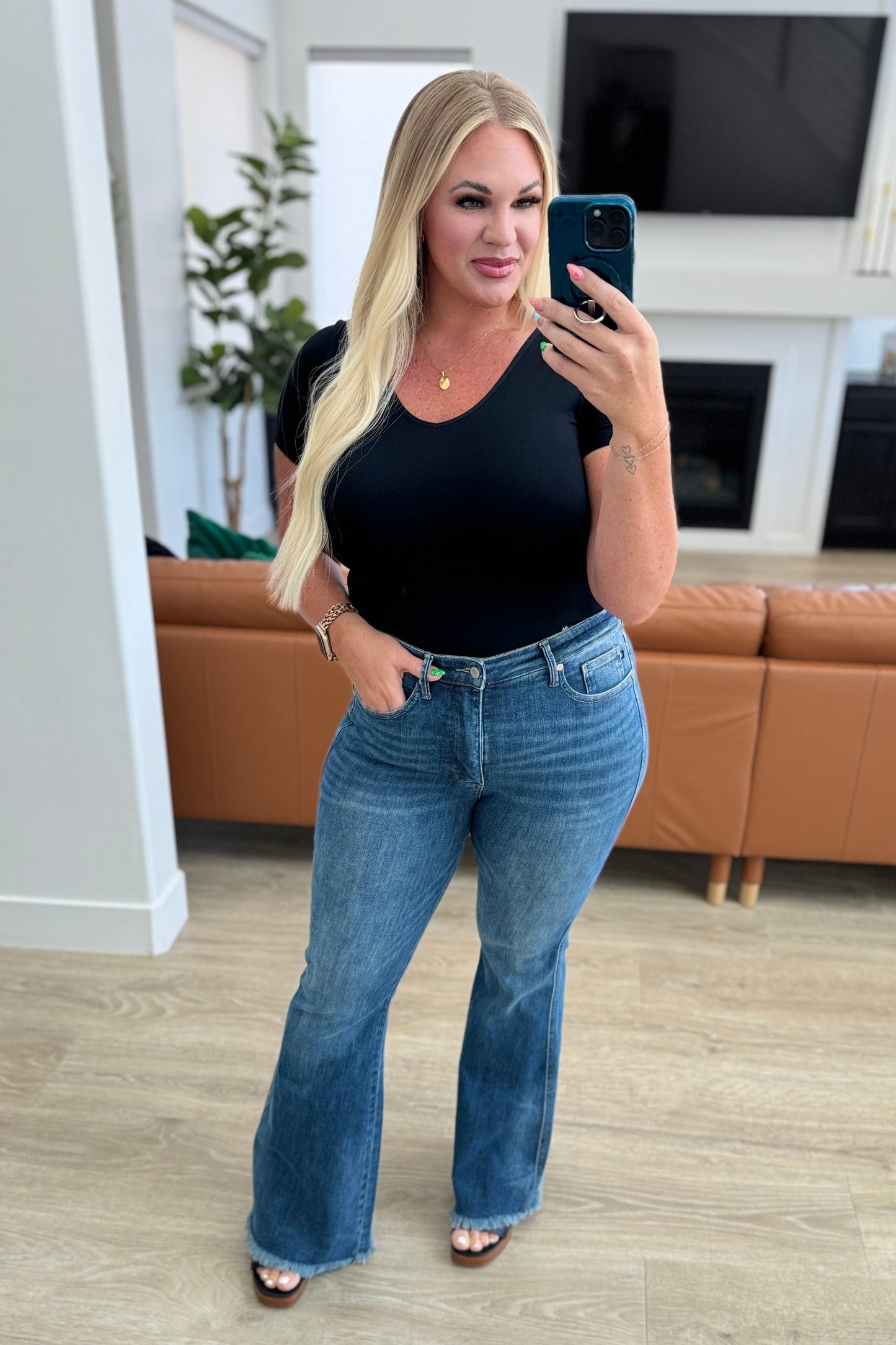 JUDY BLUE High Waist Control Top Frayed Hem Flare Jeans