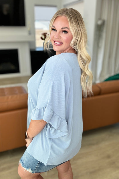 Airflow Peplum Ruffle Sleeve Top in Chambray