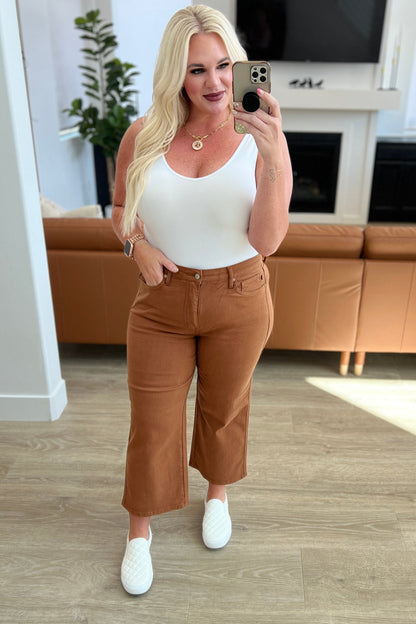 JUDY BLUE Control Top Wide Leg Crop Jeans in Camel