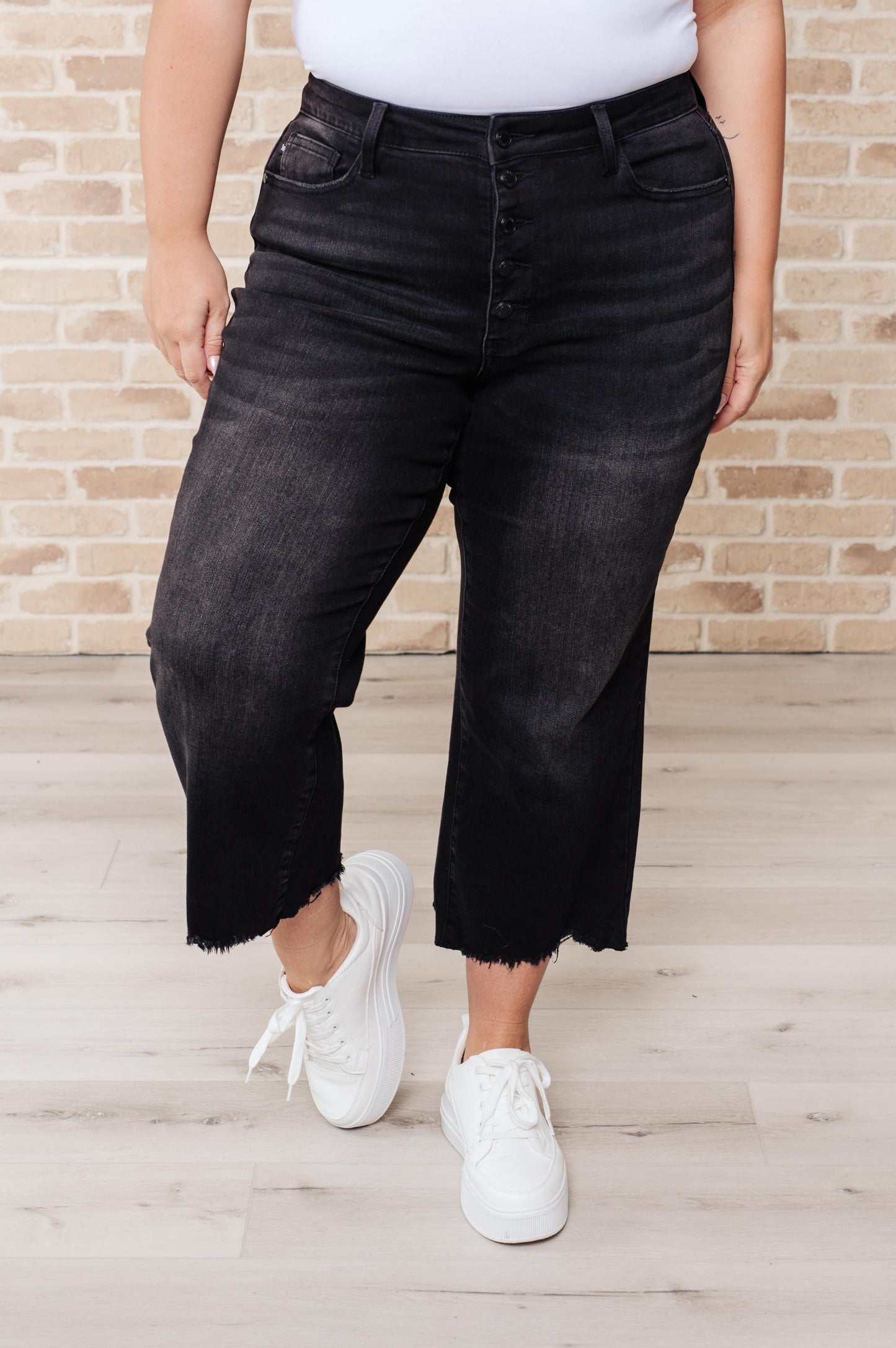 JUDY BLUE High Rise Button Fly Wide Leg Crop Jeans