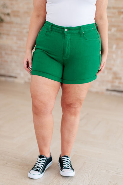 JUDY BLUE - Control Top Cuffed Shorts in Green