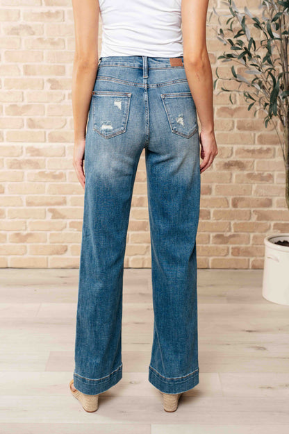 JUDY BLUE High Waist Distressed Denim Trousers