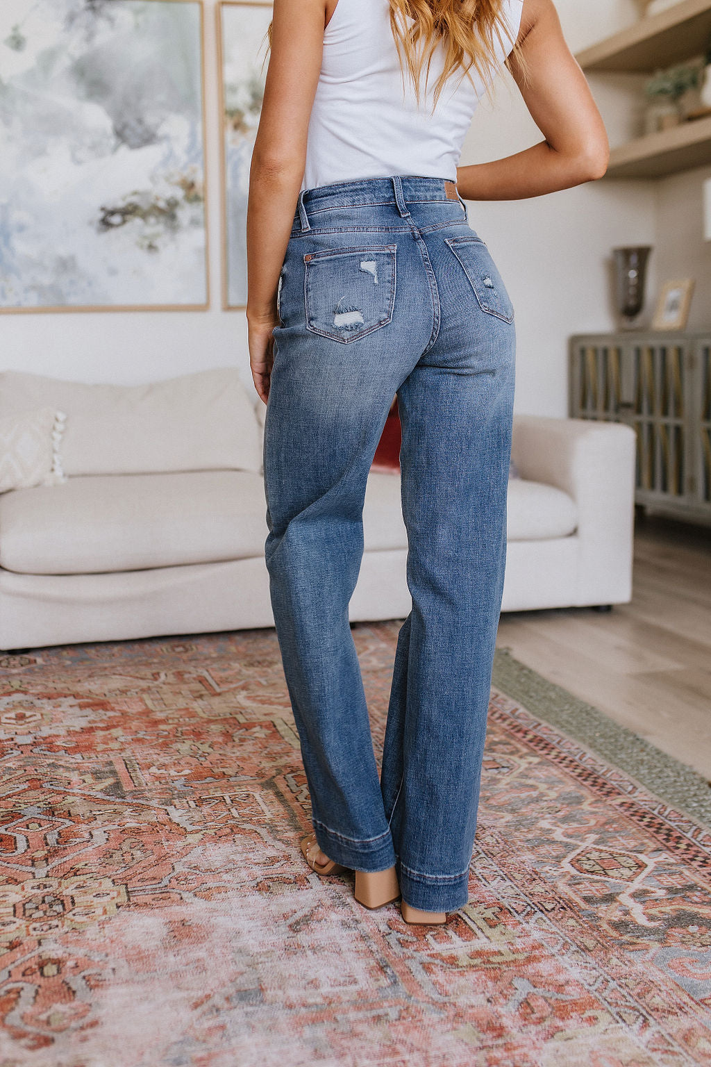 JUDY BLUE High Waist Distressed Denim Trousers