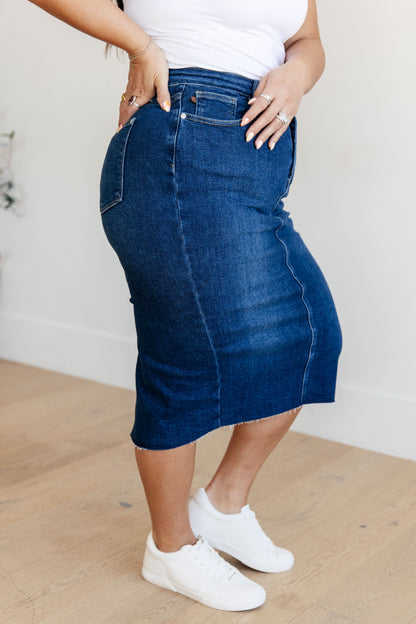 JUDY BLUE High Rise Denim Midi Skirt