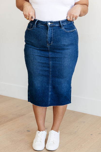 JUDY BLUE High Rise Denim Midi Skirt