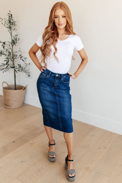 JUDY BLUE High Rise Denim Midi Skirt