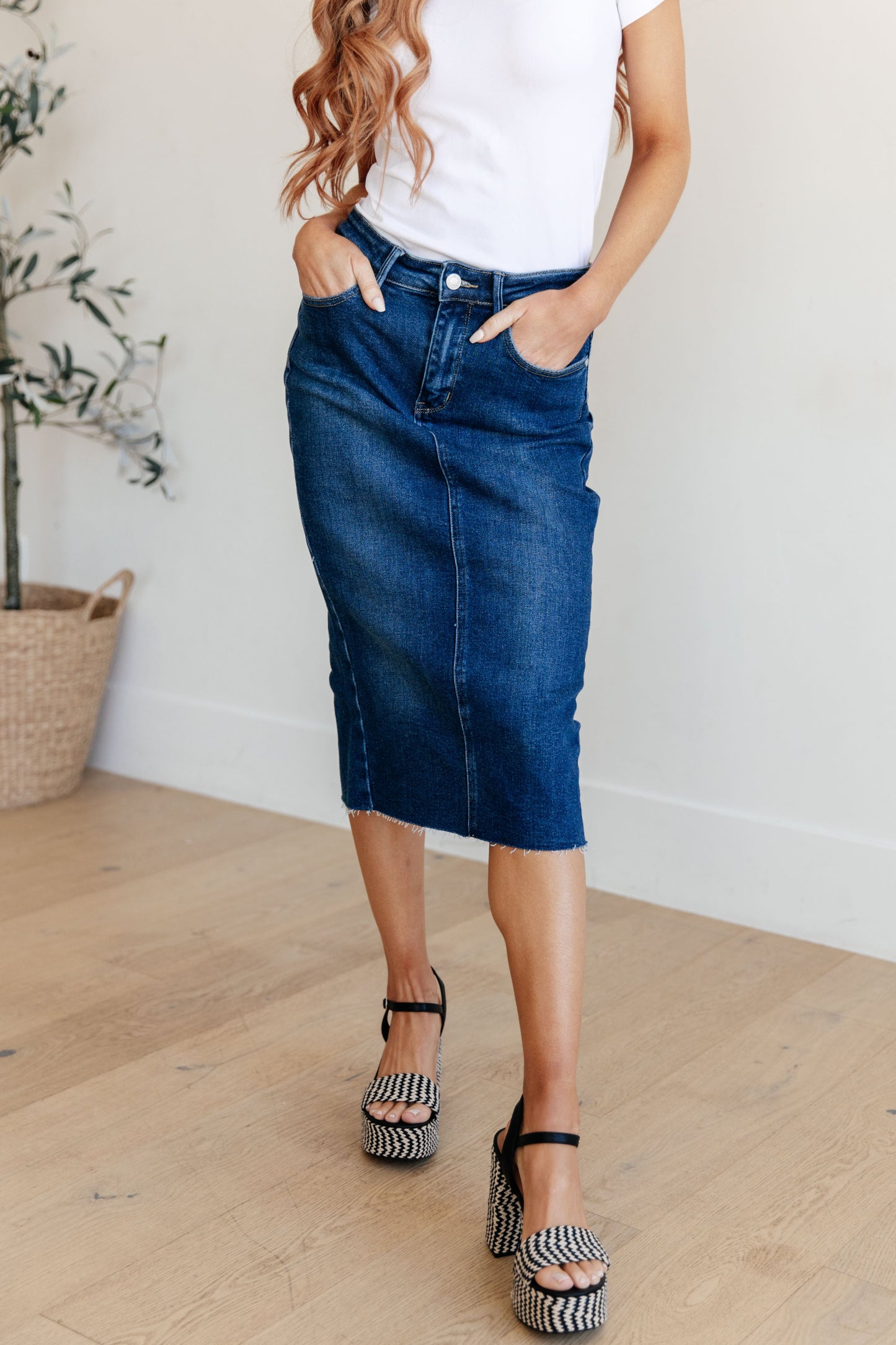 JUDY BLUE High Rise Denim Midi Skirt