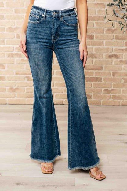 JUDY BLUE High Waist Control Top Frayed Hem Flare Jeans