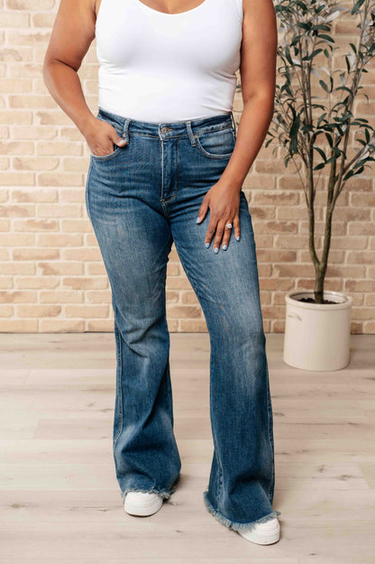 JUDY BLUE High Waist Control Top Frayed Hem Flare Jeans