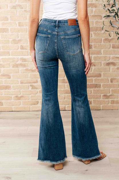 JUDY BLUE High Waist Control Top Frayed Hem Flare Jeans