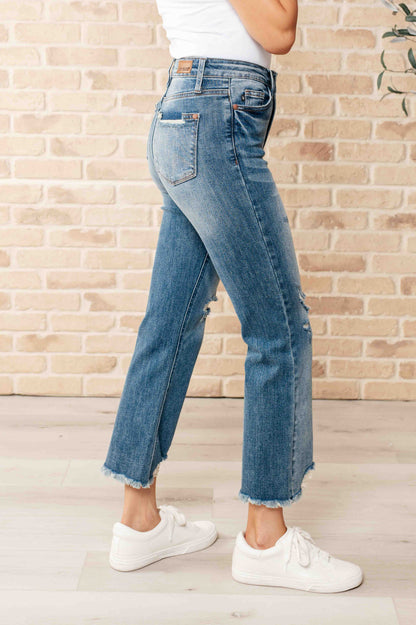 JUDY BLUE High Waist Distressed Crop Straight Leg Jeans