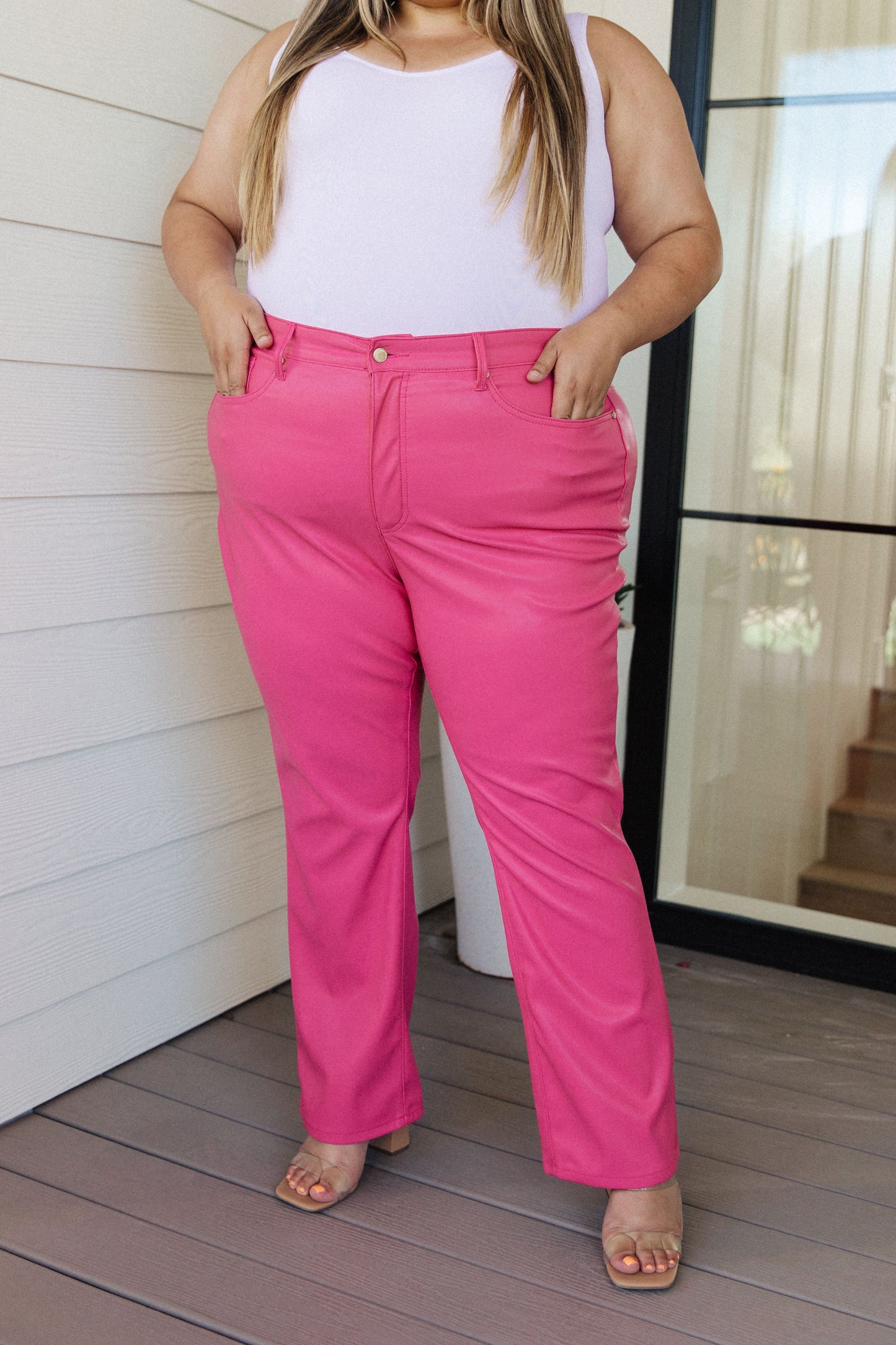 JUDY BLUE CONTROL TOP Faux Leather Pants in Hot Pink