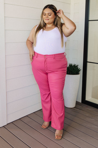 JUDY BLUE CONTROL TOP Faux Leather Pants in Hot Pink