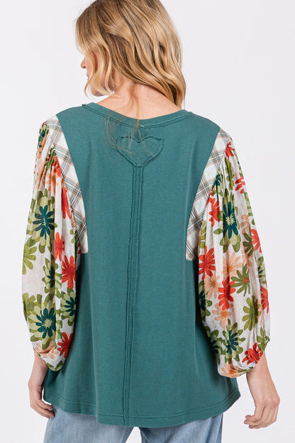 SAGE + FIG Full Size Printed Balloon Sleeve Contrast Top