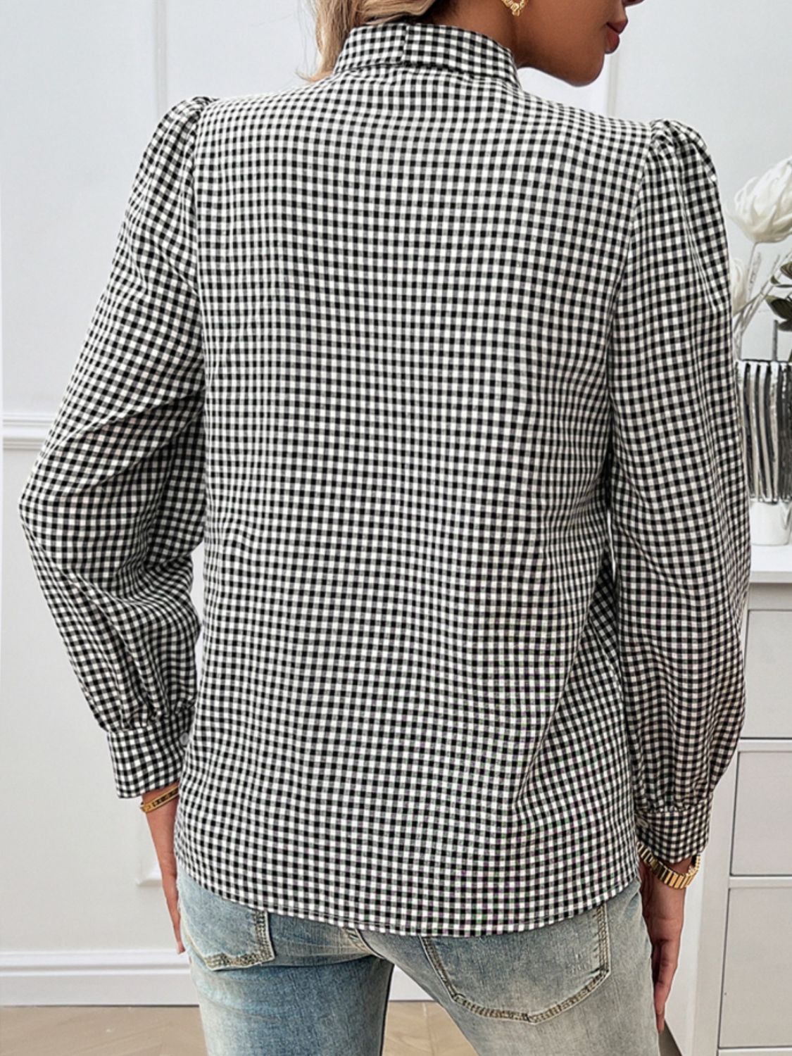 Pocketed Plaid Tie Neck Long Sleeve Shirt