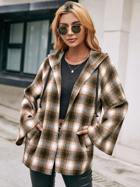 Pocketed Plaid Long Sleeve Hooded Jacket