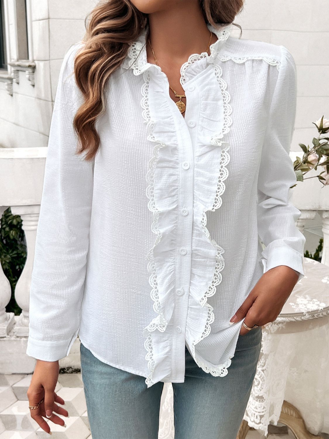 Textured Lace Detail Long Sleeve Shirt