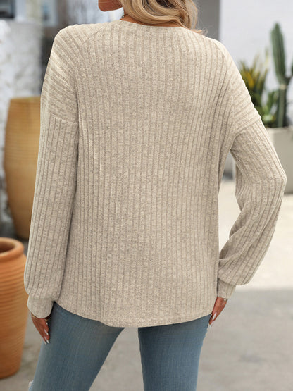 Decor Button Long Sleeve Ribbed T-Shirt