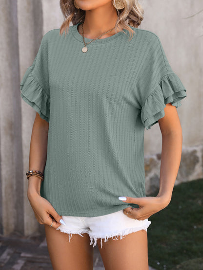 Ruffled Round Neck Short Sleeve Blouse