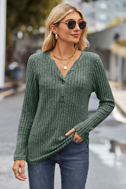 Ribbed Half Button Long Sleeve Knit Top