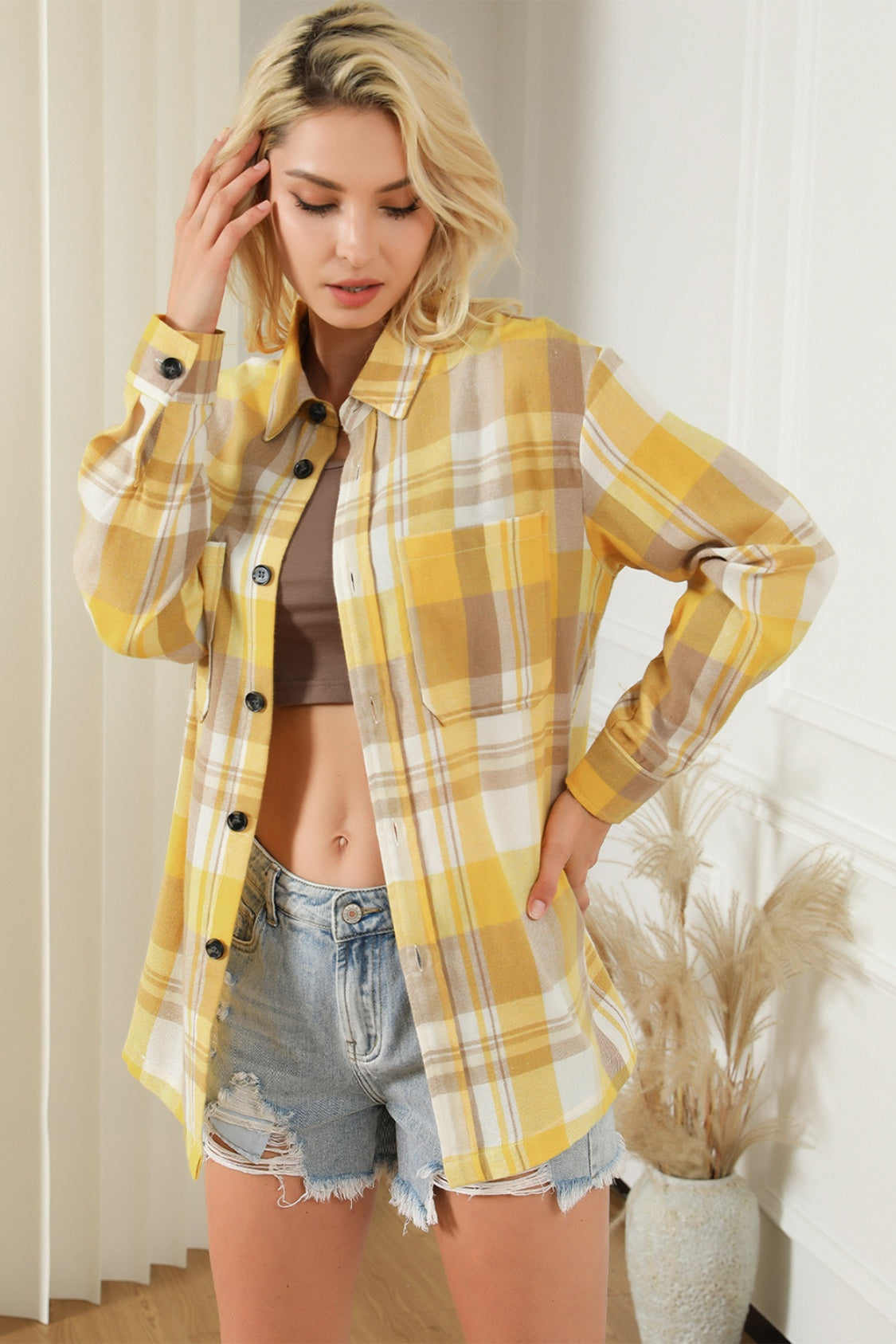 Plaid Collared Neck Long Sleeve Shirt