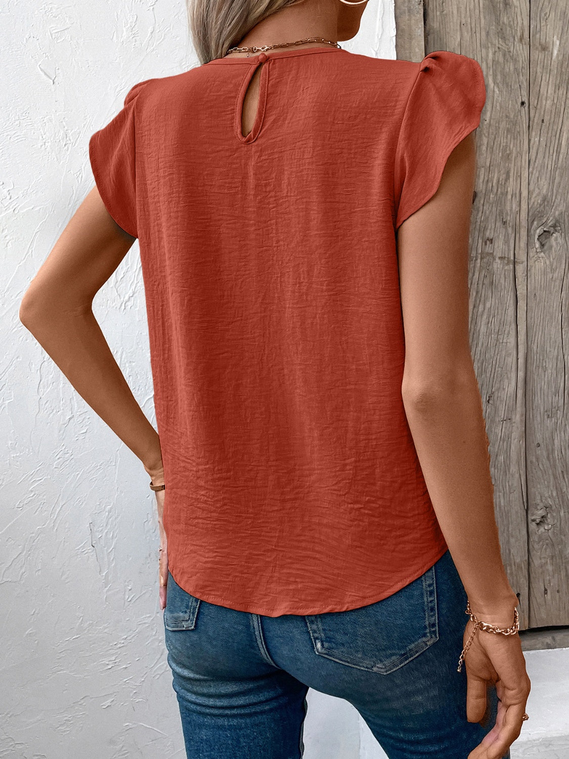 Ruched Round Neck Cap Sleeve Blouse