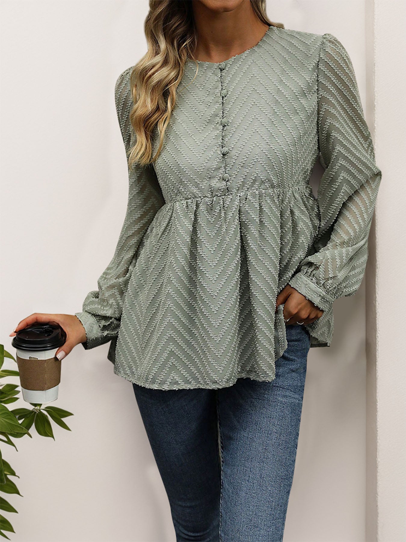 Peplum Round Neck Long Sleeve Blouse