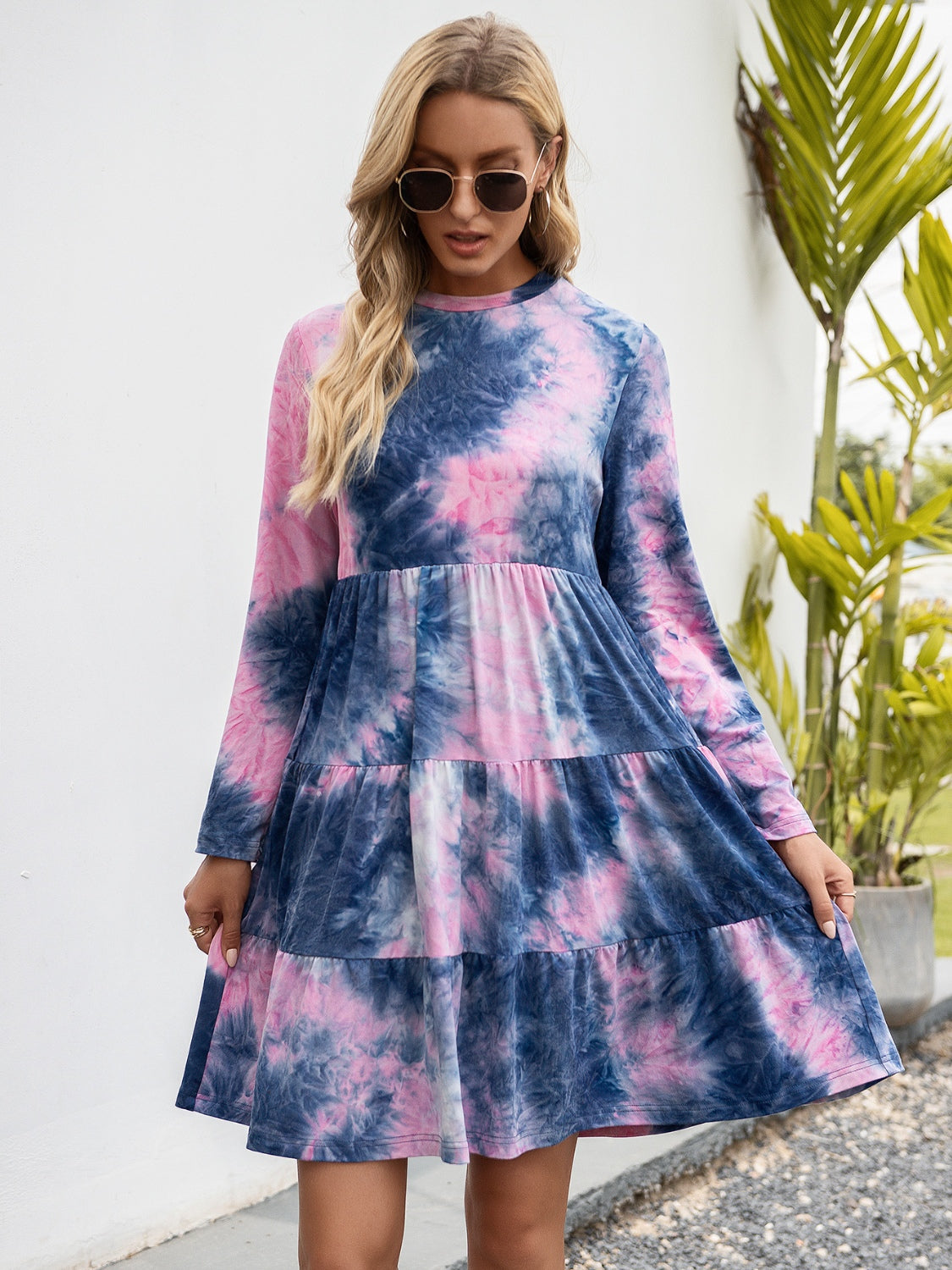 Tie-Dye Round Neck Long Sleeve Tiered Dress