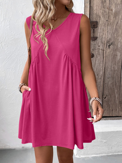 Ruched V-Neck Sleeveless Mini Dress