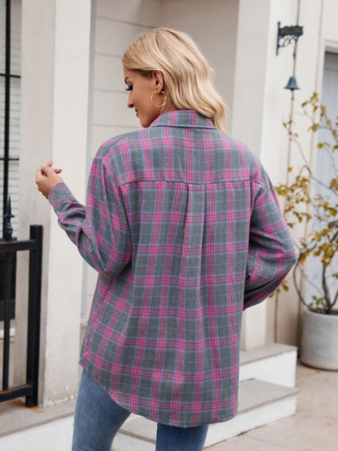 Pocketed Plaid Collared Neck Long Sleeve Shirt