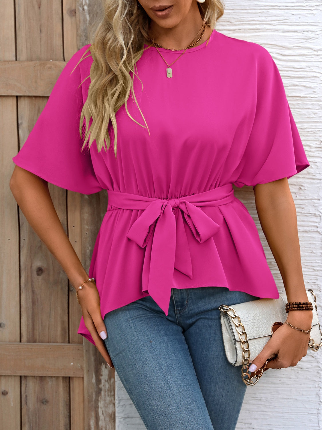 Tied Round Neck Half Sleeve Blouse