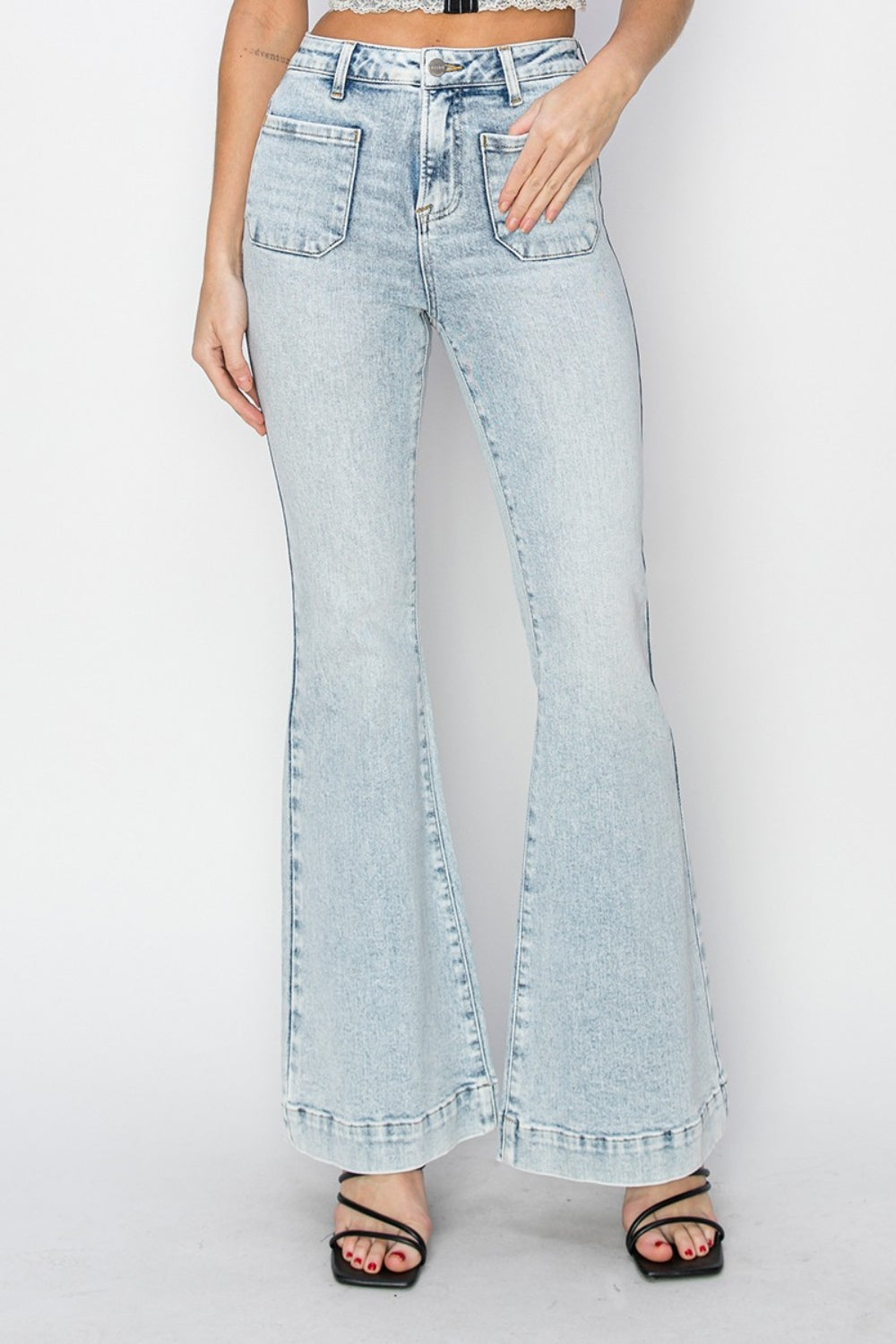 Risen Full Size High Rise Front Patch Pocket Flare Jeans