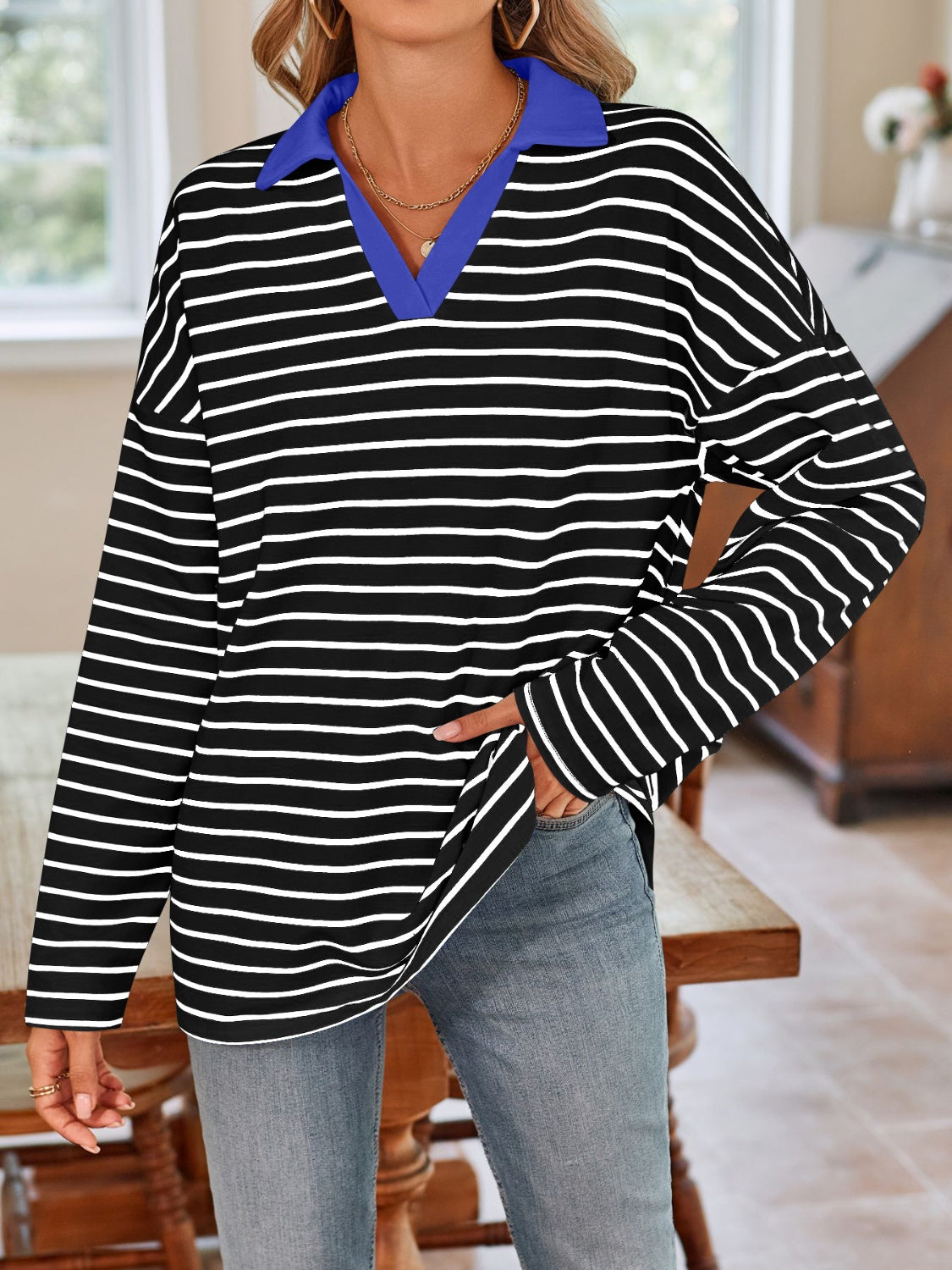 Striped Johnny Collar Long Sleeve T-Shirt