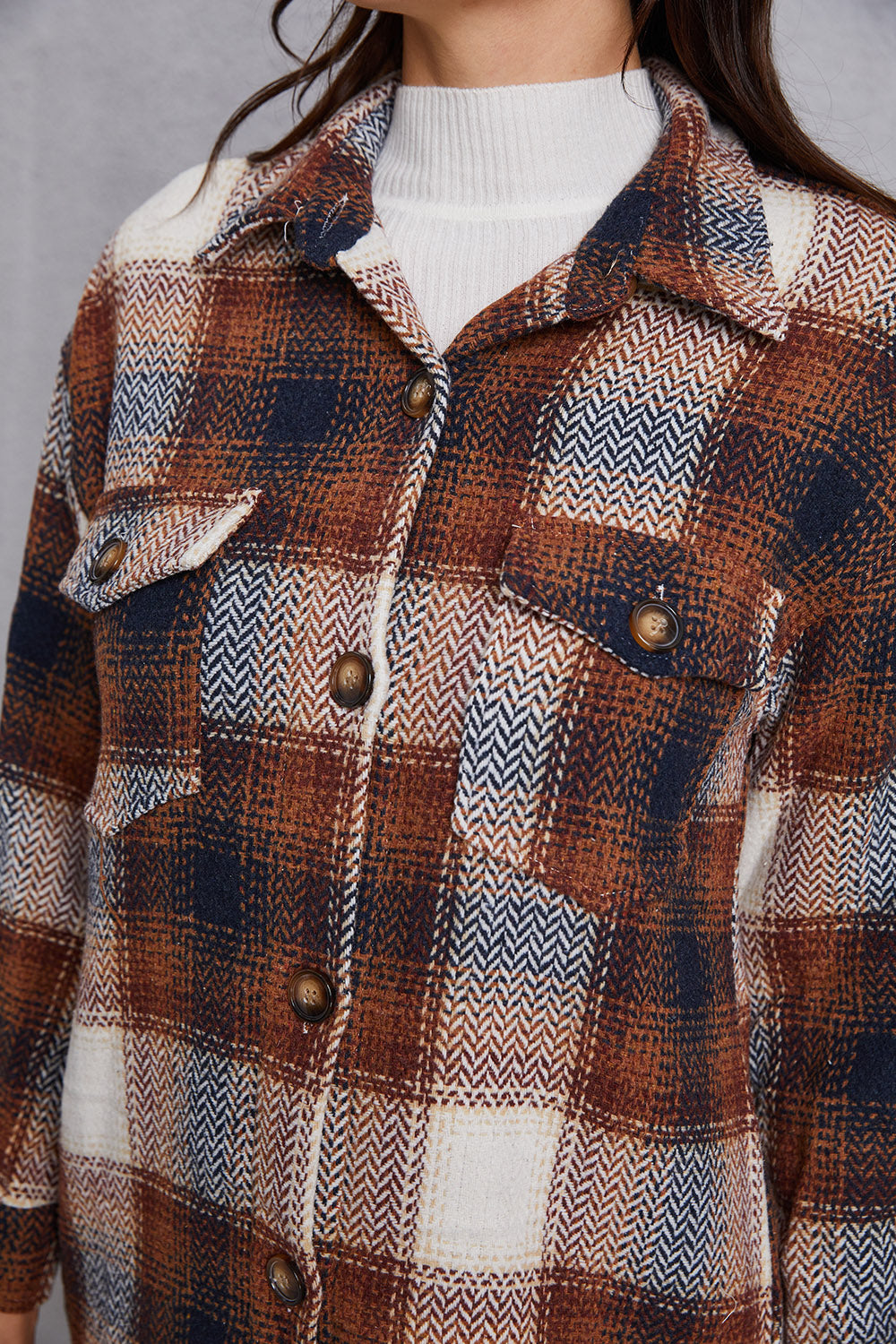 Plaid Button Up Dropped Shoulder Coat with Pockets