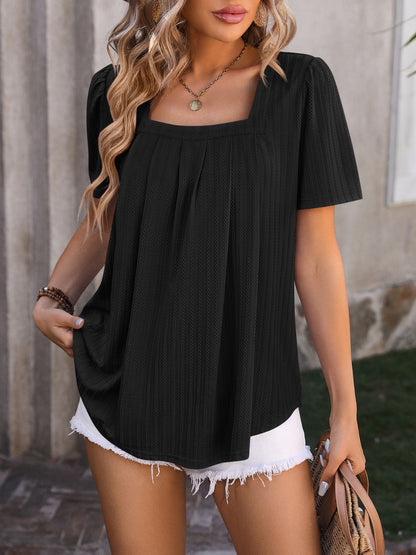 Ruched Square Neck Short Sleeve Blouse