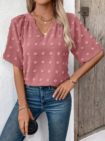 Swiss Dot Notched Half Sleeve Blouse