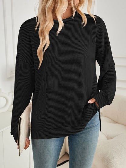 Slit Round Neck Long Sleeve Sweatshirt