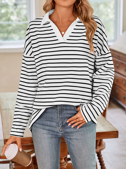 Striped Johnny Collar Long Sleeve T-Shirt