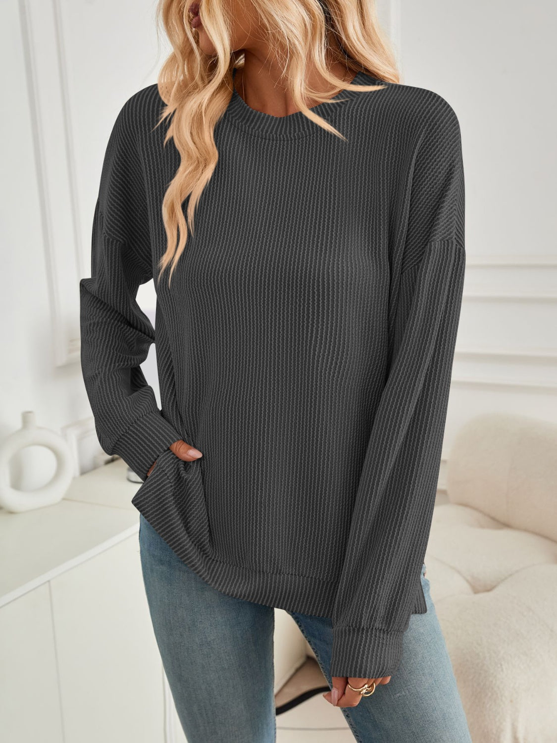 Slit Round Neck Long Sleeve Sweatshirt