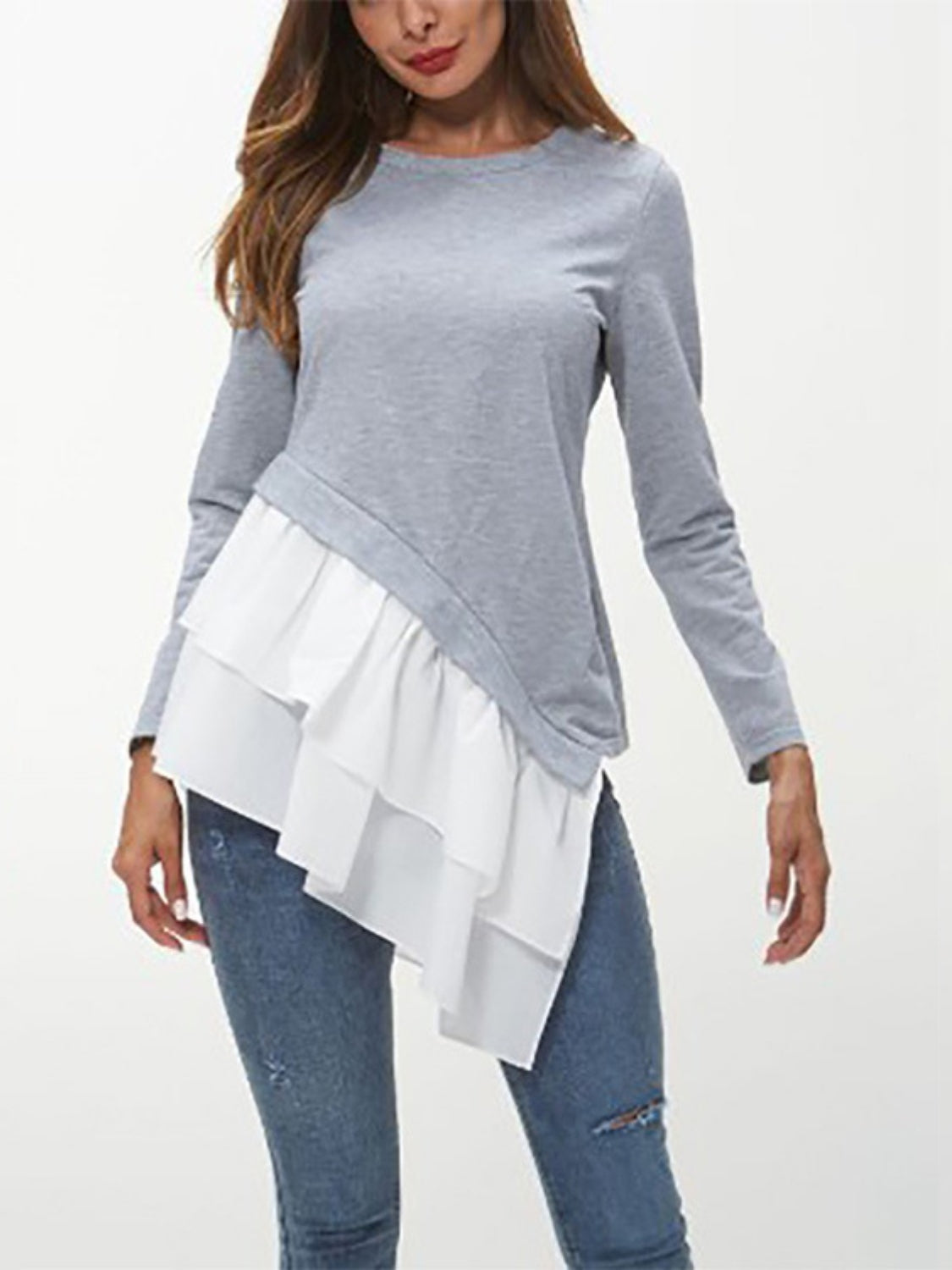 Tiered Contrast Round Neck Long Sleeve T-Shirt