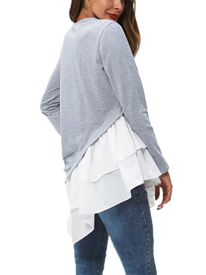 Tiered Contrast Round Neck Long Sleeve T-Shirt