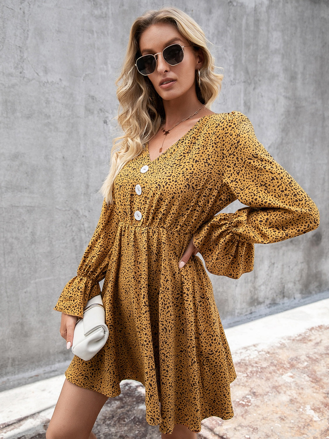 Decorative Button V-Neck Flounce Sleeve Dress